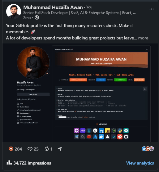 LinkedIn post showing a redesigned GitHub profile as a developer portfolio
