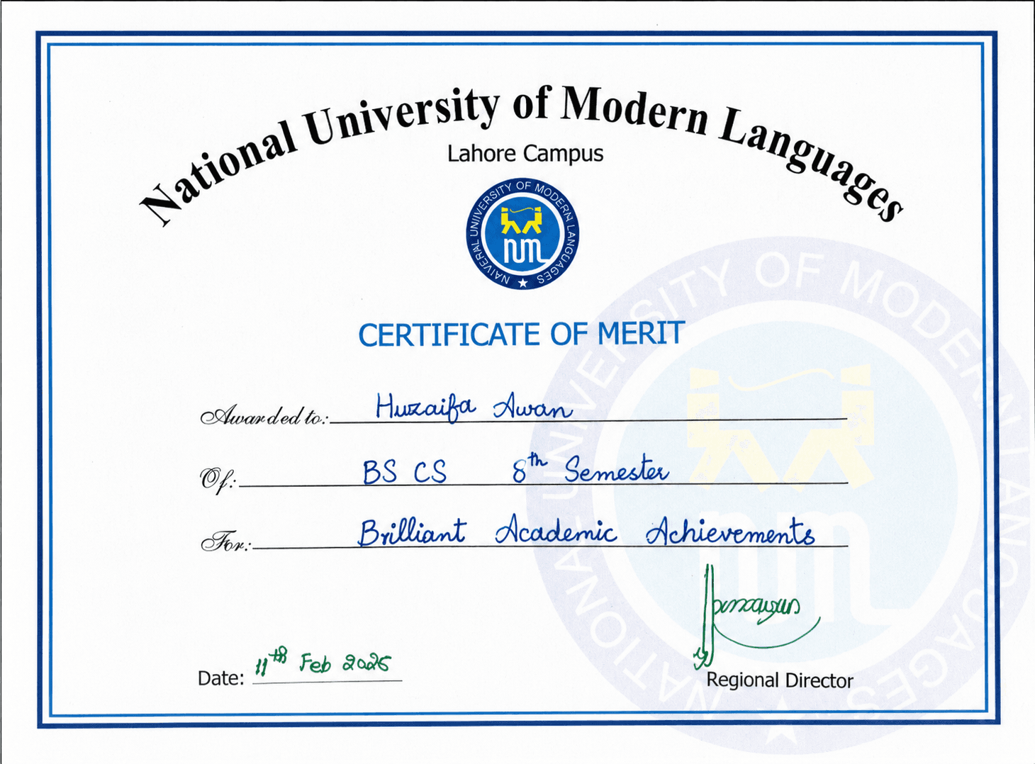 Certificate of Merit — NUML Islamabad