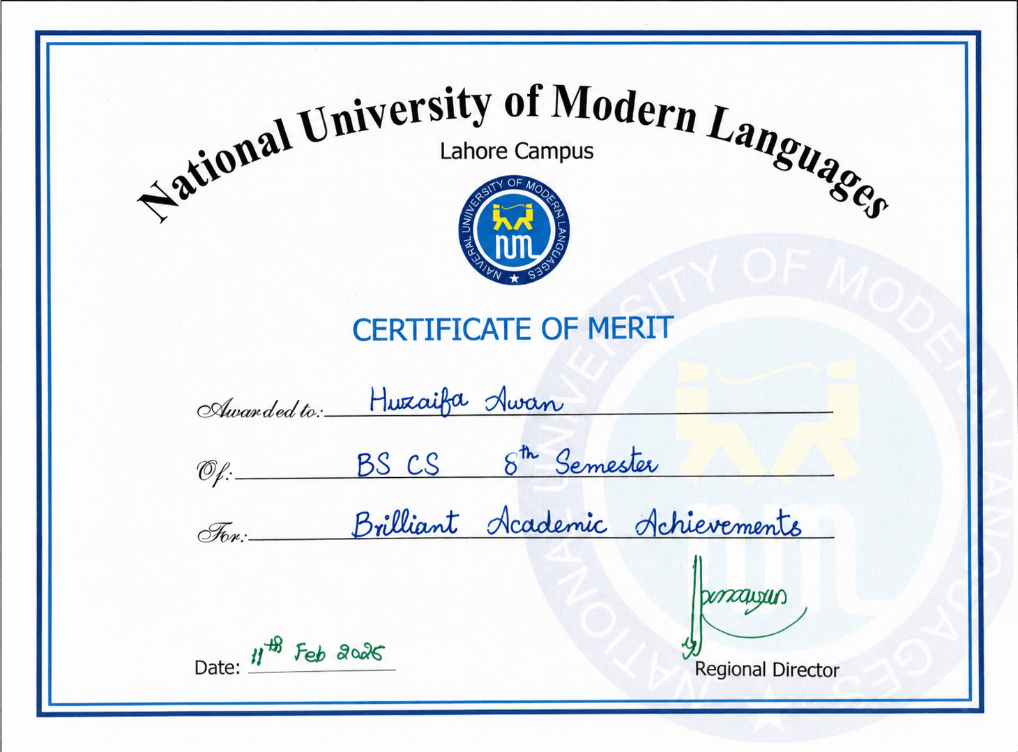 Certificate of Merit — NUML Islamabad